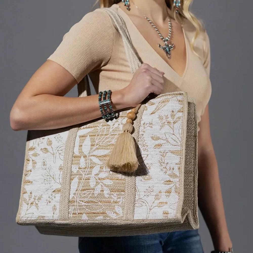 Jute Shoulder Floral Bag Beige NWT - Picture 3 of 16